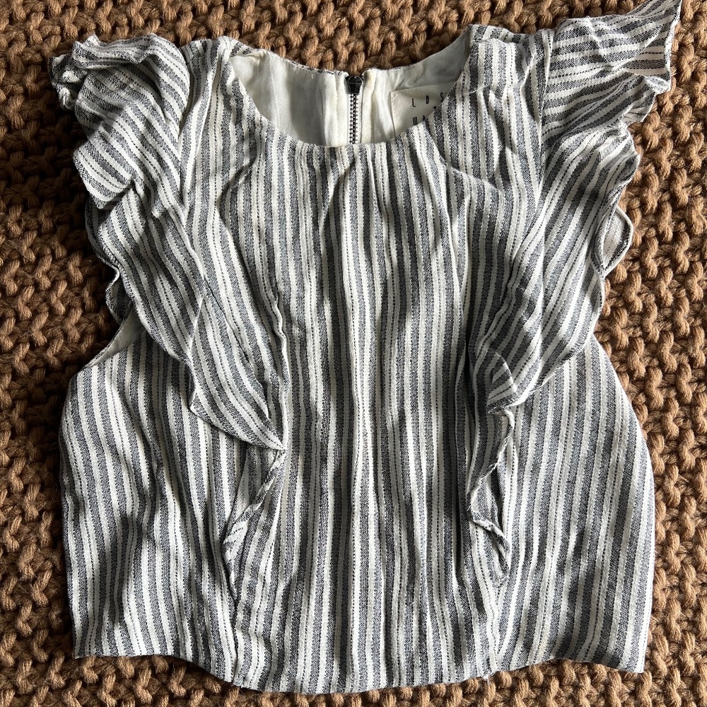 Lost + Wander Blue Striped Womens Cropped Zipper Back Flutter Top Blouse